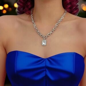🆕️Stainless Steel Gold Plated Zirconia Pendant Chunky Statement Urban Necklace